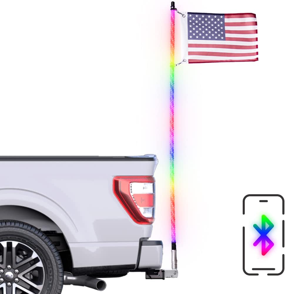 PartsMT 6' Truck LED Flag Pole Hitch Mount with Smartphone App Control - Spiral Chasing Lights