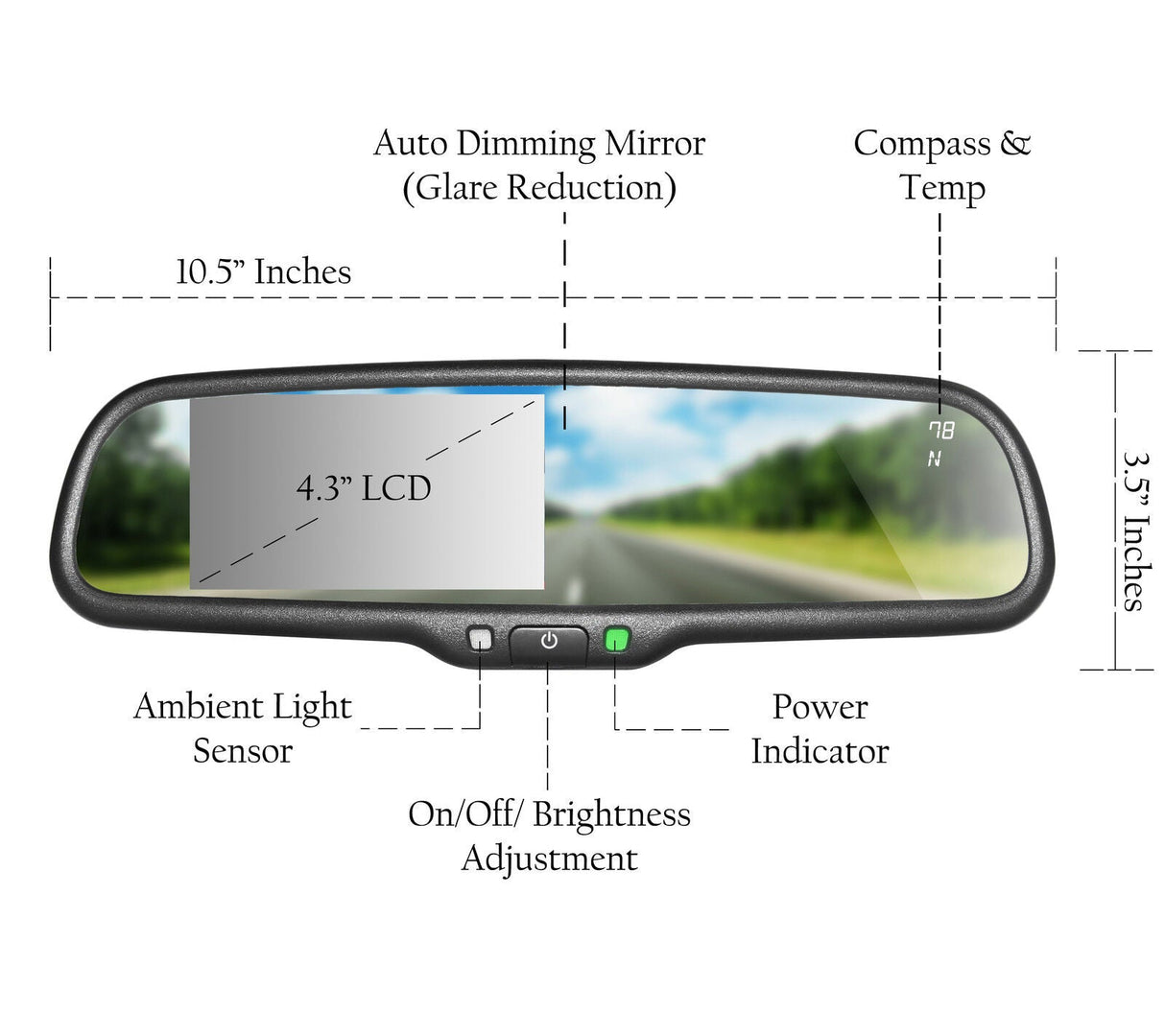 PartsMT 10.5" OEM Rear View Mirror with 4.3" LCD Screen + Dimming + Adjustable Guide Lines + Compass & Temperature | Rearview Universal Fit | Auto Adjusting Brightness LCD | Anti Glare | Original Mirror Replacement