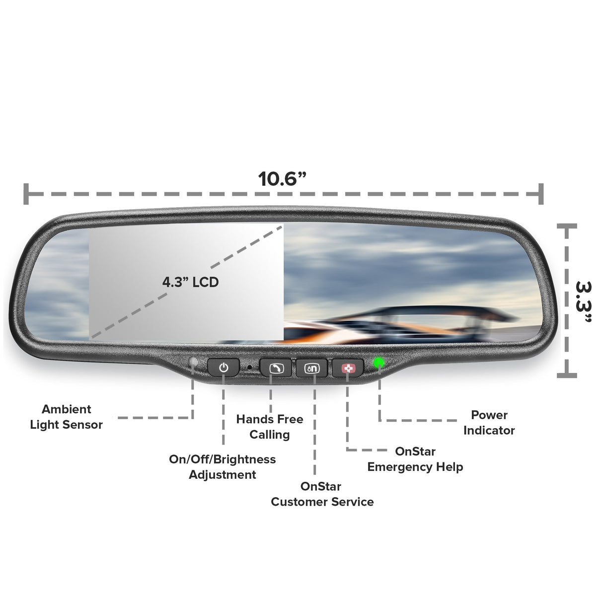 Master Tailgaters OEM Rear View Mirror with 4.3" Auto Adjusting Ultra Bright LCD and OnStar Buttons(for backup cameras) - Hooks Into Your Existing OnStar Wire - Master Tailgaters