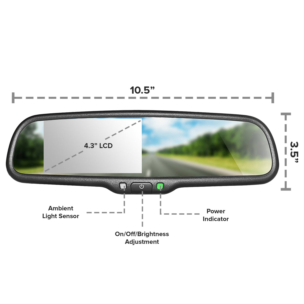 PartsMT 10.5" OEM Rear View Mirror with 4.3" LCD Screen and 170° Backup Camera | Rearview Universal Fit | Auto Adjusting Brightness LCD | Anti Glare | Full Original Mirror Replacement