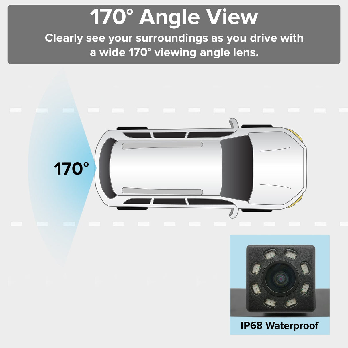 Small License Plate Frame Backup or Front Camera with 8 IR LED Night Vision, IP68 Waterproof, and 170° Wide Angle Camera