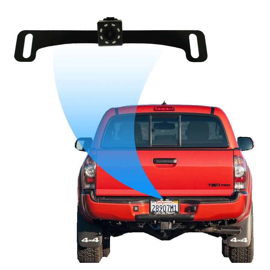 Small License Plate Frame Backup or Front Camera with 8 IR LED Night Vision, IP68 Waterproof, and 170° Wide Angle Camera