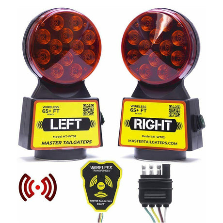 Wireless Trailer Tow Lights - Magnetic Mount - 65 Feet Range - 4 Pin Round, 4 Pin Flat, or 7 Pin with Reverse Connection